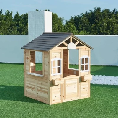 Imagen de casa.pro Casa de Juegos Acciano con Jardineras Casita para Niños Ventanas y Puerta Abatible Madera Exterior Jardín Abeto 131x113x97 cm Natural/Gris