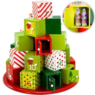 Imagen de Spielwerk® Calendario de Adviento Madera Torre Regalos DIY 24 Cajoncitos Reutilizable Decoración Navideña