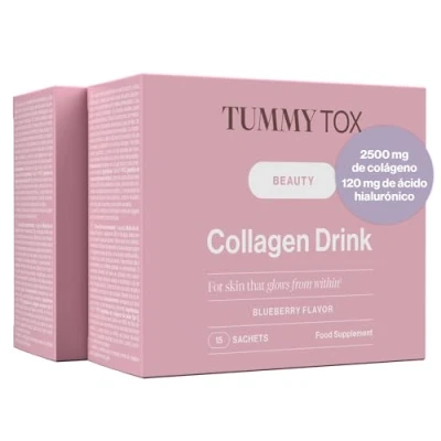 Imagen de Colageno, Acido Hialuronico y Vitamina C, 2500 mg de Colageno Marino Hidrolizado Tipo I, 30 Sobres para Dias, Bebida con Sabor a Arandano, Tummy Tox