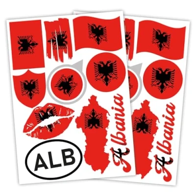 Imagen de Finest Folia Juego de 2 pegatinas DIN A4, bandera país, para coche y moto, autoadhesiva, resistente a la intemperie, R217 (02 Albania)
