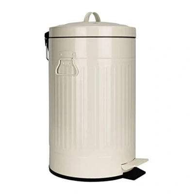 Imagen de QUVIO cubo de basura metálico Ideal para baño escritorio o Dormitorio, Papelera Oficina, pedal, 12L cocina con pedal estilo vintage, retro bin, metal beis