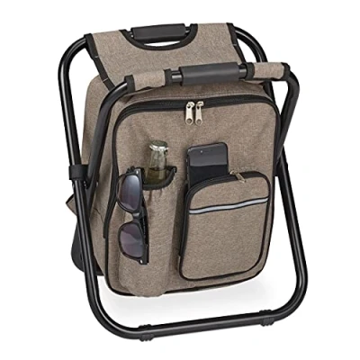 Imagen de Relaxdays Silla Mochila de Camping, Plegable, Taburete Pesca, Portátil, Ligera y Estable, 42x35x29 cm, Poliéster, Beige