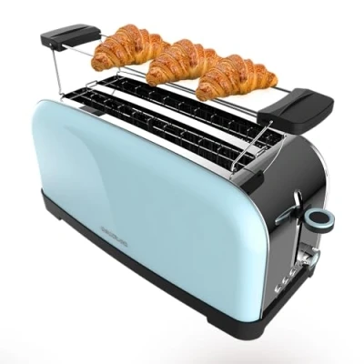 Imagen de Cecotec Tostadora Vertical 2 Ranuras Largas Toastin&#039; Time 1500 Blue. W, 4 Rebanadas de Pan, Ranura Ancha 3,8 cm, Soporte para Panecillos y Bandeja Recogemigas, Acero Inox Azul