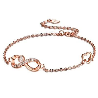 Imagen de Arrebol Pulsera Infinito para Mujer Plata de Ley 925 con Corazón Circonita Amor Oro Rosa Ajustable (16 + 4cm) Regalo Mujeres