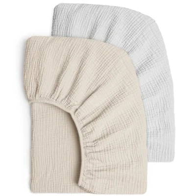 Imagen de Juego de 2 sabanas Cuna Ajustables para niños, Sabana Bajera 60x120 Algodon Muselina, 60 x 120 cm/70 140 cm, Viaje, Cama Auxiliar Gris Crema