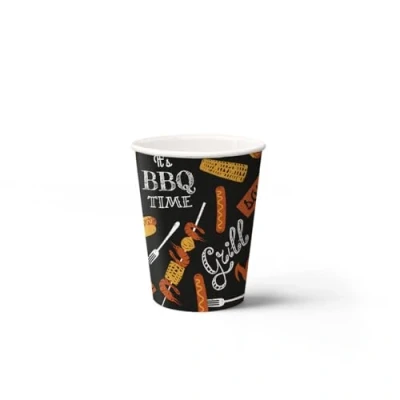 Imagen de PAW Vasos Desechables Cafe (250 ml) I Paquete de 8 Cartón Ideal para Bodas, Fiestas Infantiles, Cumpleaños, Celebraciones Impresión Papel al Agua BBQ Party Negro