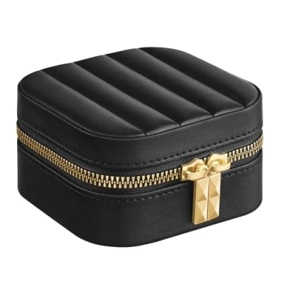 Imagen de SONGMICS HOME ANAH Colección Joyero de Viaje, Estuche Pequeño para Joyas con Espejo, 10,5 x 6 cm, Superficie PU Costuras, Portátil, Cremalleras, Idea Regalo, Negro Tinta JBC179B01