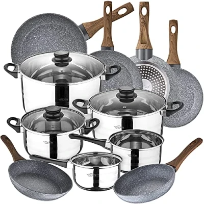 Imagen de Bateria de cocina 8 piezas SAN IGNACIO Toledo, acero inoxidable, con juego sartenes (18/20/22/24/26/28 cm) Daimiel en aluminio forjado