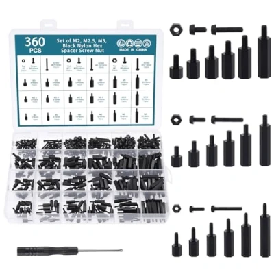 Imagen de Hseamall 360 UNIDS M2 M2.5 M3 Nylon Negro Hexagonal Tornillo Tuerca Standoff Accesorios Surtido Kit Macho a Hembra