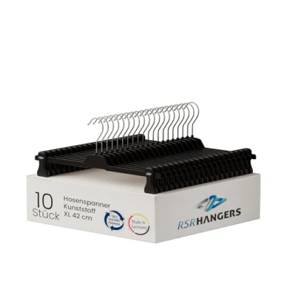Imagen de RSR Hangers Perchas para pantalones, 10 unidades, de PUC, plástico, 42 cm, con pinzas antideslizantes goma y ajustables, gancho giratorio 360, ahorra espacio, fabricado en Alemania