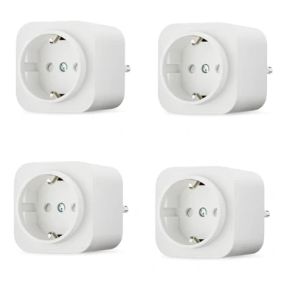 Imagen de Amazon Basics Enchufe inteligente de una toma 2.4 GHz Wi Fi para interiores, solo uso con Alexa, paquete 4, color blanco, UE
