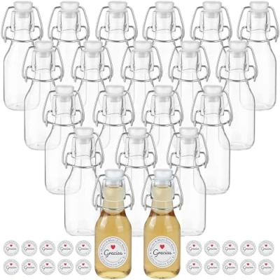 Imagen de Winter Shore Botella Cristal de 120 ml con Tapas Volteables y Etiquetas (Pack 20) Tarro Vidrio Reutilizable para Kombucha Botellas Pequeñas Alcohol Recipiente Salsa