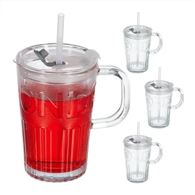 Imagen de Relaxdays Juego Set de 4 Vasos, Jarras para Beber con Tapa y Pajita, Jarritas Batidos 450 ml, Vasitos Asa, Transparente