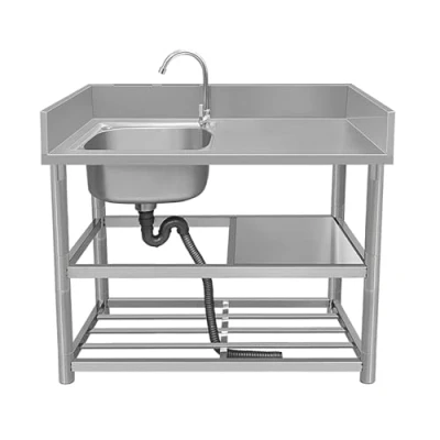 Imagen de Fregadero de Cocina Comercial 1 Compartimento Industriales Acero Inoxidable con Grifos y Colador Panel para Restaurante Camping Parrilla Exterior Jardin (Color