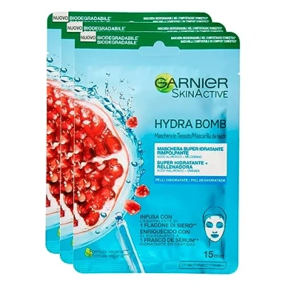 Imagen de Garnier SkinActive Hydra Bomb Mascarilla facial de tejido superhidratante y rellenador, con granada ácido hialurónico, 3 unidades