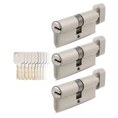 Imagen de GERCAR Pro 3 cilindros 45/45 de cierre uniforme, juego con pomo y 15 llaves, 90 mm, cerradura puerta Longitud: A: 45 B: Latón macizo mate