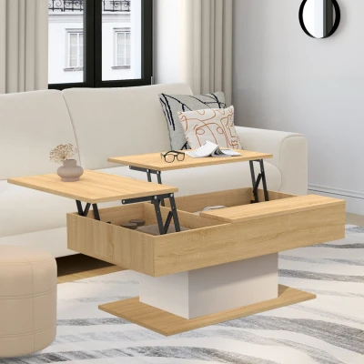 Imagen de Mesa de centro con 2 tableros elevables madera y blanco