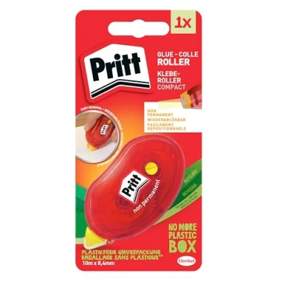 Imagen de Pritt Rodillo adhesivo Cinta adhesiva compacta, no permanente, removible, de doble cara para papel, cartón, fotos, vidrio y plástico, longitud aprox. 10 m, ancho 8,4 mm