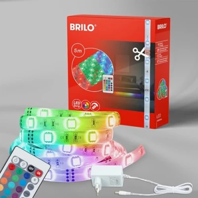 Imagen de BRILONER Leuchten Cinta de 5m, cambio color, revestimiento silicona, autoadhesivas, 150 x RGB LED 0,16W, plástico, 24 W, blanco, 5x10x3mm