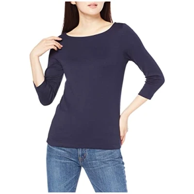 Imagen de Amazon Essentials Camiseta de Manga 3/4 y Escote Barco Corte Estrecho Mujer, Azul Marino, M