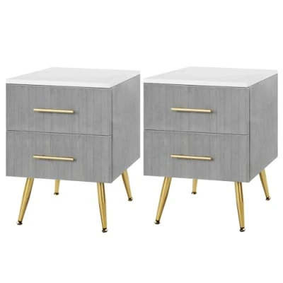 Imagen de WOLTU 2 x Mesita de Noche con Cajones Mesilla Auxiliar Sofá Mueble Espacio Almacenamiento Mesa Café 40.5x41x52.5cm Blanco Gris Terciopelo MDF TS134gr