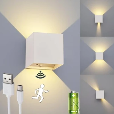 Imagen de SENFAY lámpara LED de pared con batería detector movimiento, para interior, funciona pilas, luz blanca cálida, carga USB, iluminación