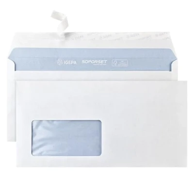 Imagen de Netuno 50 sobres comerciales largos blancos con ventana izquierda DIN DL 110x220mm Soporset solapa recta autoadhesiva para facturas contratos extractos bancarios folletos correos oficina empresa envio