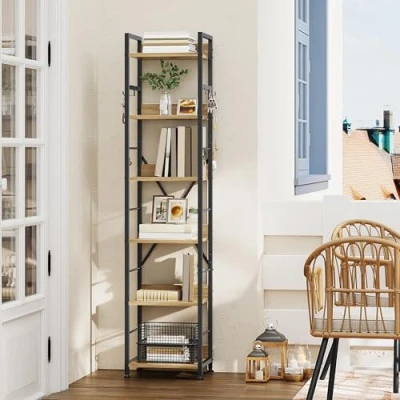 Imagen de YITAHOME Librería de 6 Niveles, Estantería Piso con 4 Ganchos, Estante Madera y Marco Metal, Industrial Alta, Almacenamiento para Sala Estar, Oficina en Casa, Color Roble