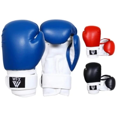 Imagen de WFX Guantes de Boxeo para niños Artes Marciales Sparring Junior Mitts Cuero Resistente MMA Entrenamiento Saco llamativos Muay Thai Kick Boxing y niñas (Azul, 4OZ)