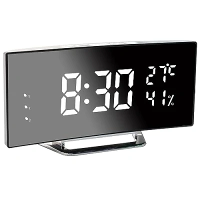 Imagen de Vihimi Reloj Despertador Digital, Pantalla Grande LED De 6.5 Pulgadas, Mesita Noche con Temperatura y Humedad, Espejo 3 Relojes Despertadores