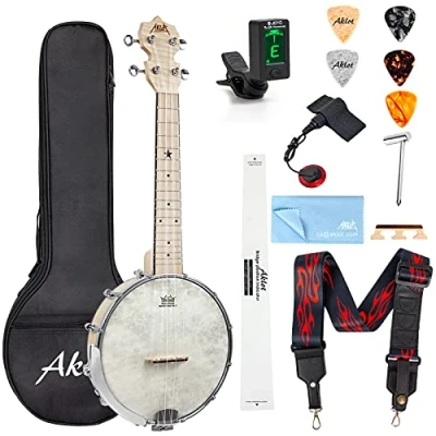 Imagen de AKLOT Banjolele Ukelele banjo Concierto 23 pulgadas Remo Drumhead Open Back Maple Body 1:15 Sintonizador avanzado con varilla de armadura dos vías