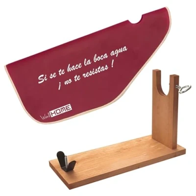 Imagen de Well Home Jamonero de Madera con herraje en V, pincho y ficjación pezuña + Funda para jamón &#039;Tiberic&#039; Burdeos