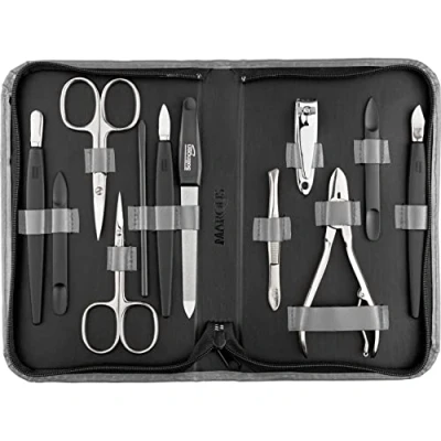Imagen de marQus Set de manicura y pedicura 12 piezas Solingen Alemania con todo lo necesario para hombre mujer en estuche piel auténtica color: gris