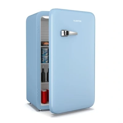 Imagen de Klarstein Audrey Evo 90L Mininevera Retro Silenciosa 40 dB, Termostato Ajustable, Puerta Reversible, Nevera Pequeña para Habitaciones, Oficinas, Azul