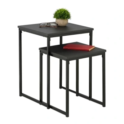 Imagen de Relaxdays Mesas Auxiliares, Pack de 2, Mesitas Salón, Diseño Nido, 2 Tamaños y Apilables, Metal, Decorativas, Negro, 54 x 40 cm