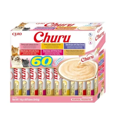 Imagen de INABA Churu Box Premios para Gatos Snacks Saludables a Base de Atún, Varios Sabores Textura Cremosa Sin Cereales, Conservantes, Colorantes 60x14g