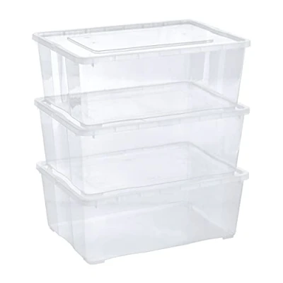 Imagen de Grizzly 3 x Caja de Almacenaje con Tapa 10 L Cajón Plástico Transparente Apilable Multiusos Organizador Armarios para Ordenación Ropa