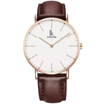 Imagen de Alienwork IK Reloj Hombre Mujer Oro Rosa Pulsera de Cuero Marrón Ultra Delgada