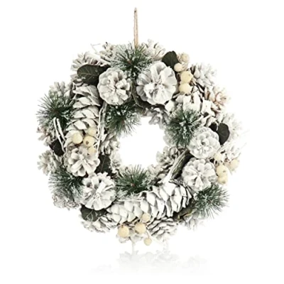 Imagen de com four® Corona de Puerta para Navidad Adviento Blanca con Conos y Ramas Decorativa Decoración navideña Mesa