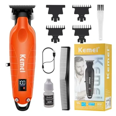 Imagen de KEMEI 2293 Recortadora profesional de pelo y barba para hombre, sin huecos, peluquería con hoja en T, recargable inalámbrica, color naranja