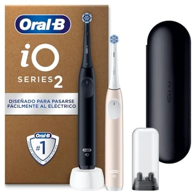Imagen de Oral B iO 2 Pack De Cepillos Dientes Eléctricos Negro Noche y Rosa Suave, Cabezales, 1 Estuche Viaje, Portarrecambios, 3 Modos Cepillado, Sensor Presión Temporizador