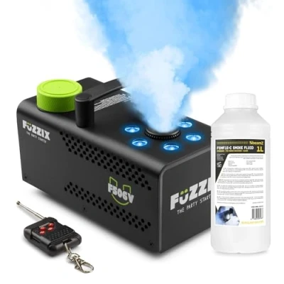 Imagen de Fuzzix F506V Máquina de humo vertical profesional con 6 LEDs RGB, función estrobo, mando a distancia inalámbrico, 1L líquido incluido, ideal para fiestas, eventos y espectáculos