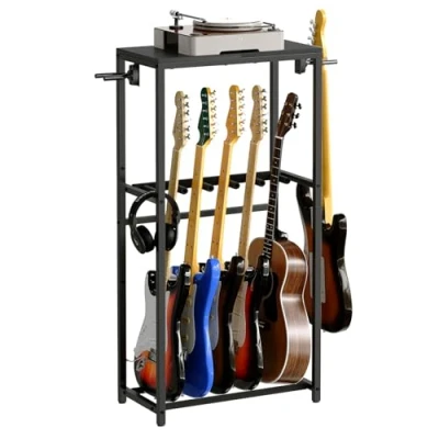 Imagen de MAHANCRIS Soporte de Guitarra, Estantería para 5 Guitarras Dos Niveles, Guitarra Acústica, Eléctrica, Bajo, Ukelele, Banjo, Revestimiento Protector EVA, Negro AGSHB6501