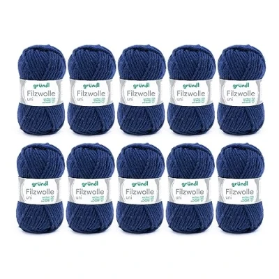 Imagen de Gründl Lana de Fieltro Uni, Paquete Ventaja: 10 ovillos 50 g Filzwolle, Tejer y para Ganchillo, 100% Pura Virgen, m, tamaño Aguja: 8 9, x g, Azul Marino, Navy, One Size, 500
