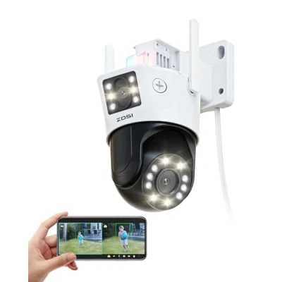 Imagen de ZOSI C298 MAX 8MP(4MP+4MP) Cámara Vigilancia WiFi Exterior Doble Lente con Enchufe, 2,4G/5G WiFi, Zoom Híbrido 8X, Seguimiento Automático PT, Detección de Persona/Vehículo, Audio Bidireccional