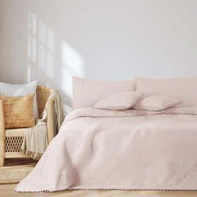 Imagen de AmeliaHome Colcha con Pompones de 170 x 210 cm, Doble Cara ultrasonic Acolchado poliéster meadore Rosa Polvo
