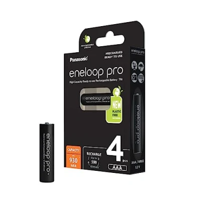 Imagen de eneloop Pro, Pilas Recargables AAA/Micro, Paquete de 4, Capacidad mín. 930 mAh, Ni MH, Listas para Usar, hasta 500 Veces, Embalaje sin plástico, Negras