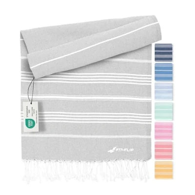 Imagen de Fit Flip Toalla Hammam Toallas de Playa Grandes algodón 100% Reciclado turca Secado rápido, Fouta, Grande pestemal Ideal como Sarong Gris Claro 200x200cm Sultan