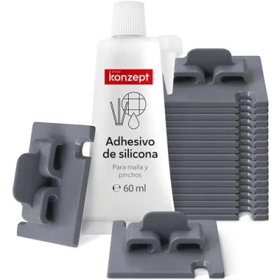 Imagen de Konzept 11 Ganchos Red Gatos 70 u. con Adhesivo 80 ml, Ideales para Redes de balcón, Color Gris, sin Necesidad taladrar, Uso en Exteriores e Interiores.