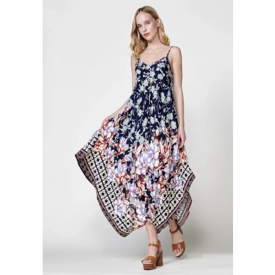 Imagen de Vestido largo de tirantes regulables con Bajo en picos y Estampado floral cenefa detalle brillos escote color Navy para Mujer
